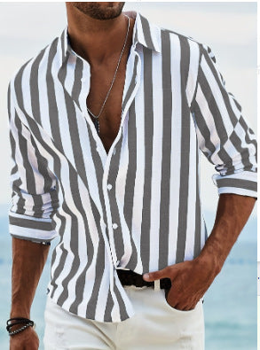 Men’s linen blouse with vertical gray-and-white stripes, button-front and open collar