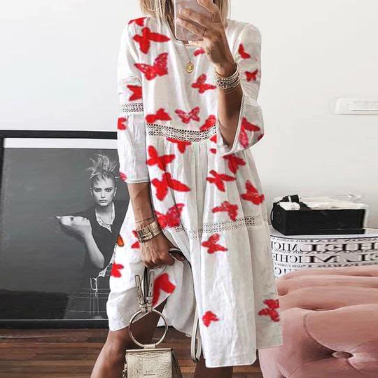Anneke™ elegant dress in white with red bow print, long sleeves