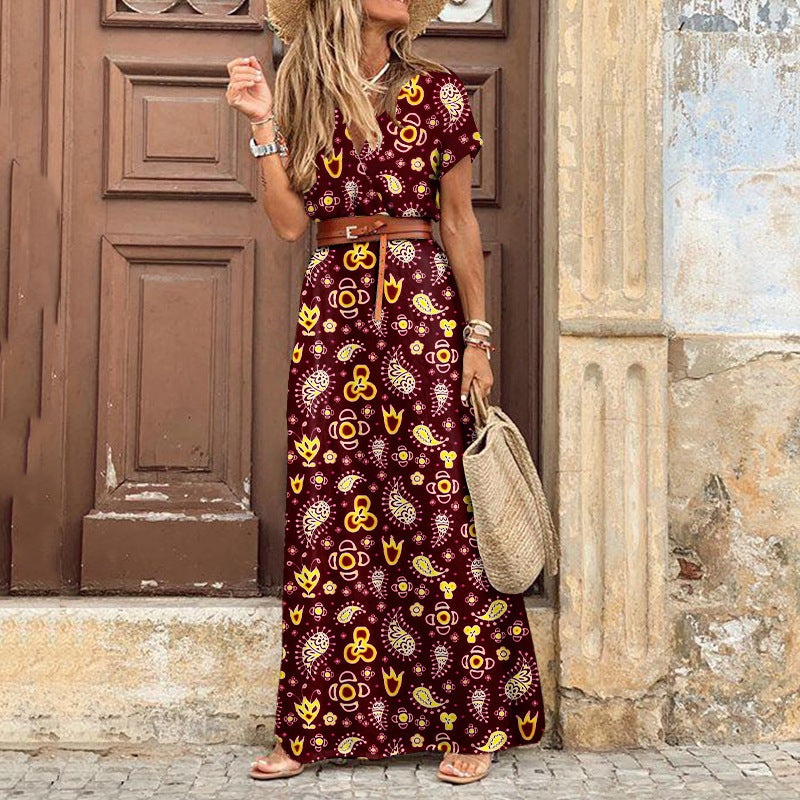 Boho maxi dress in burgundy with gold-and-red patterned print, short sleeves