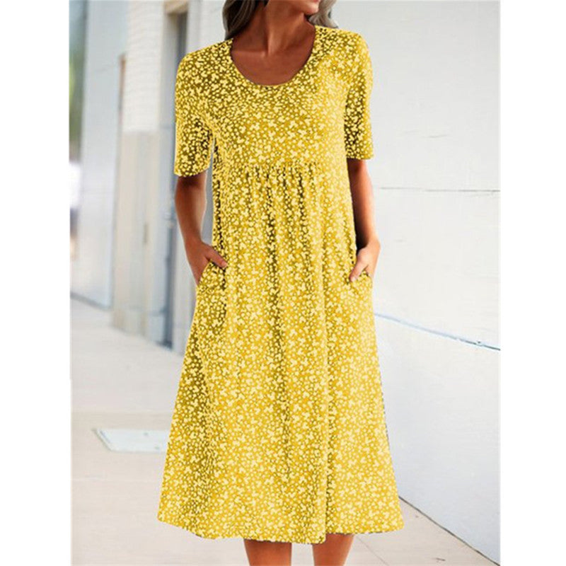Yellow floral midi dress with short sleeves and scoop neckline