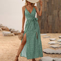 EIRINI green patterned sleeveless maxi dress with V-neck, tie waist, and side slit