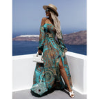 Turquoise teal off-shoulder maxi dress with flowing skirt and decorative print, side slit