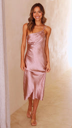 Light pink satin one-shoulder midi slip dress with gathered bodice and asym drape