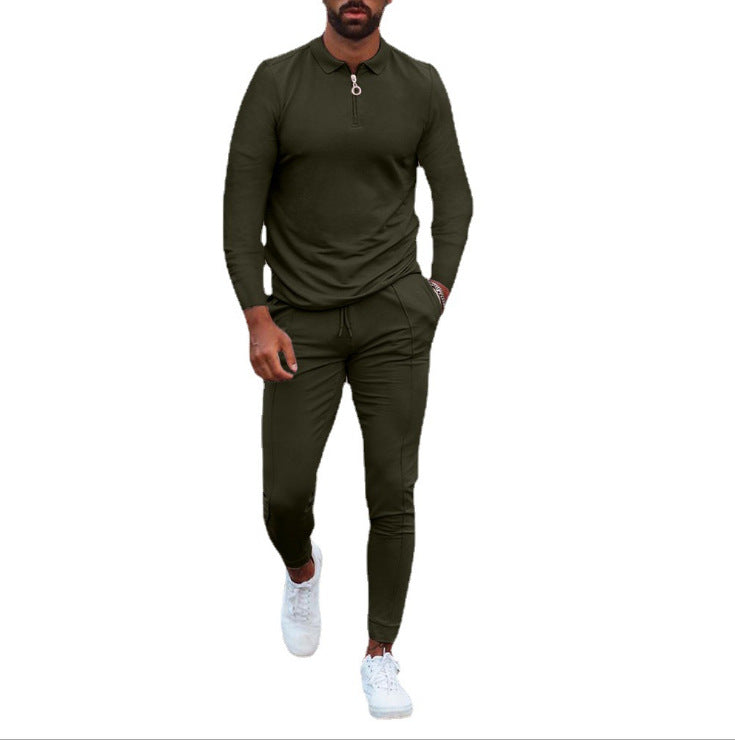 Men's quarter-zip lounge set with jogger pants, dark green long-sleeve top