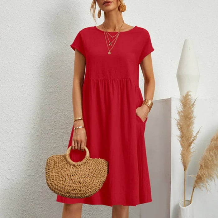 Sophie™ midi dress in red, short sleeves, gathered waist, loose A-line skirt