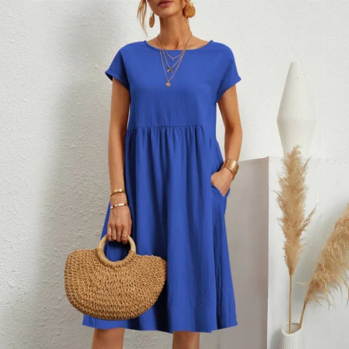 Sophie™ midi dress in royal blue, short sleeves, gathered waist, loose A-line skirt