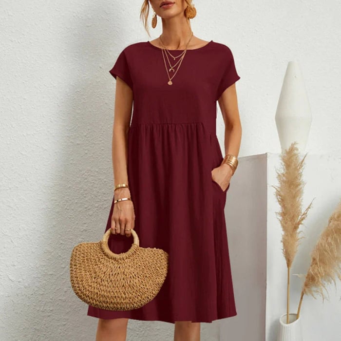 Sophie™ midi dress in burgundy, short sleeves, gathered waist, flowy A-line skirt