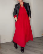 Long V-neck midi dress in red, three-quarter sleeves, A-line skirt
