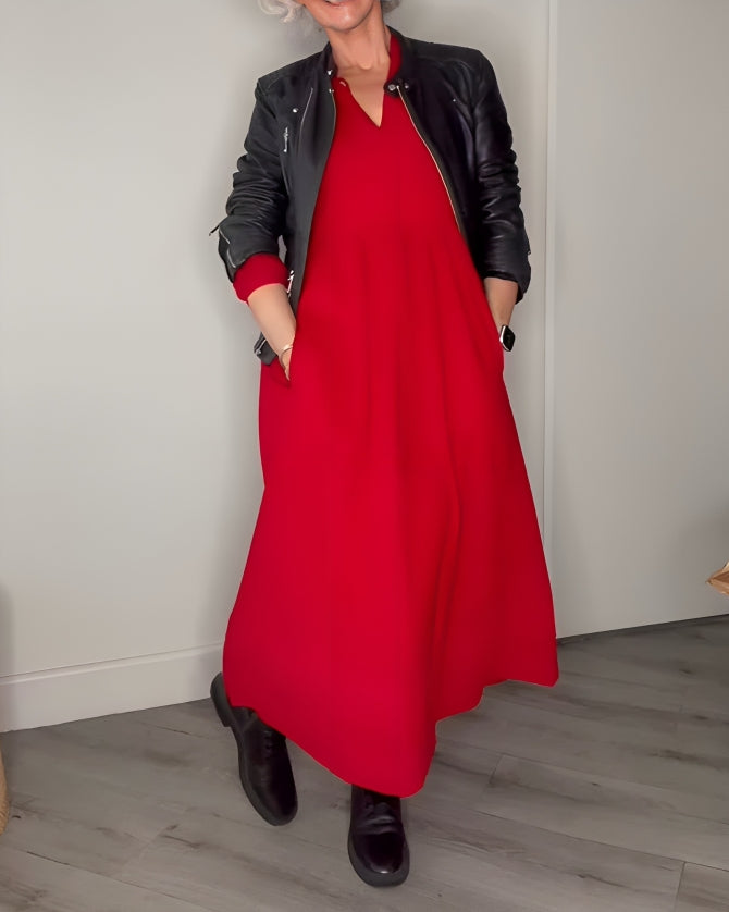 Long V-neck midi dress in red, three-quarter sleeves, A-line skirt