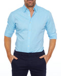 Light blue zip-front button-up shirt with rolled sleeves and button placket
