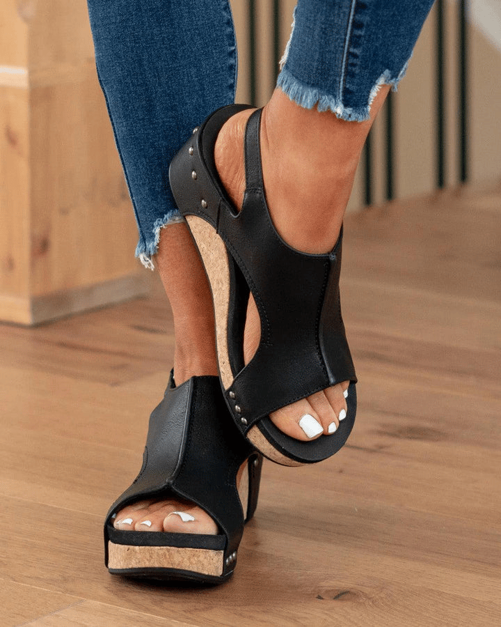 Women's black open-toe wedge sandals with ankle strap and stud details