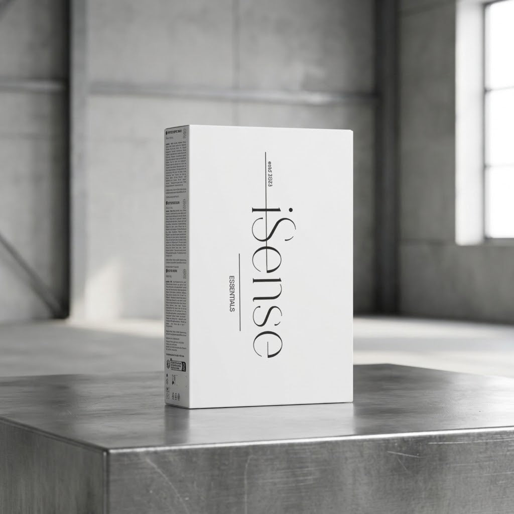 White peptide essentials gift box front logo centered, side label visible