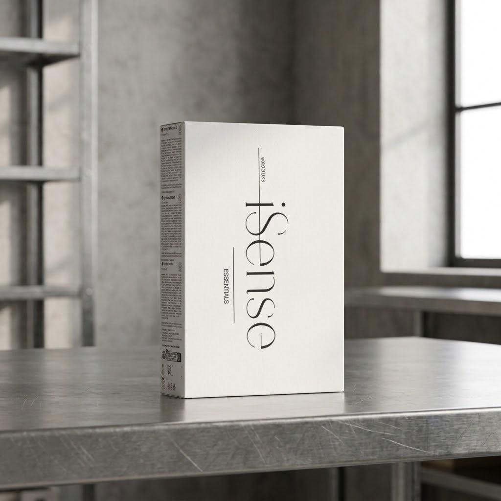 White peptide essentials gift box front view with side panel text