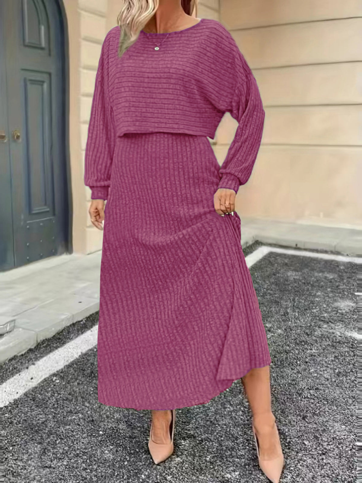 Wine purple knit co-ord set with cropped long-sleeve top and high-rise midi skirt