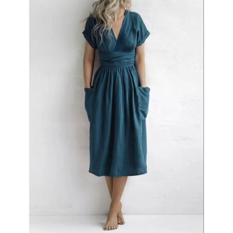AVAH navy V-neck midi dress with short sleeves and gathered waist
