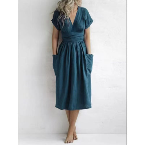 AVAH navy V-neck midi dress with short sleeves and gathered waist