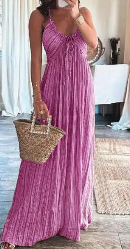 Purple striped maxi dress with spaghetti straps and tassel trim, scoop neckline
