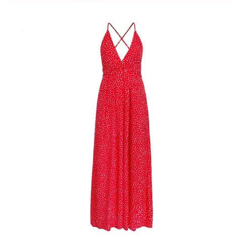 Red halter maxi dress with tiny white dot pattern