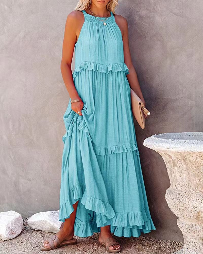 Light blue tiered maxi dress with ruffled panels and sleeveless high neckline