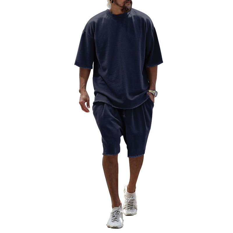 ARTHUR casual summer set in navy: short-sleeve T-shirt and matching knee shorts