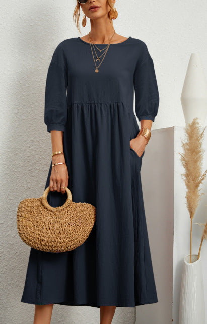 WEGAHTA long dress in navy with gathered waist and 3/4 puff sleeves