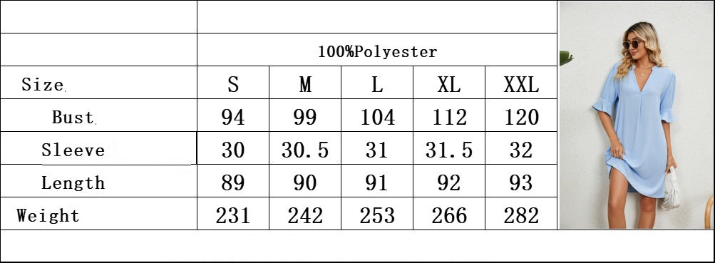 Dress size chart with S–XXL bust, sleeve, length and weight measurements