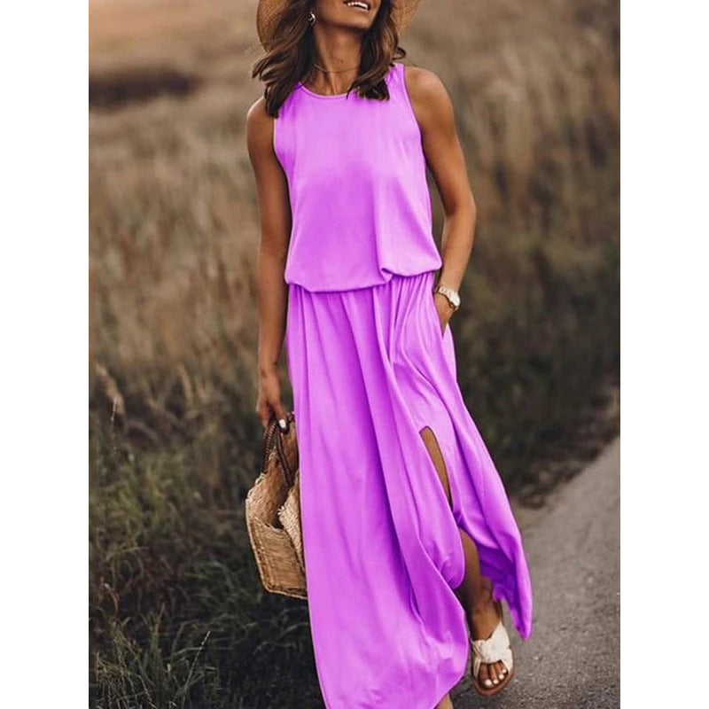 Sleeveless summer dress, purple tiered bodice with loose skirt and side slit