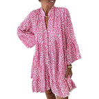 KALI pink leopard-print maxi dress with V-neck opening and long flared sleeves