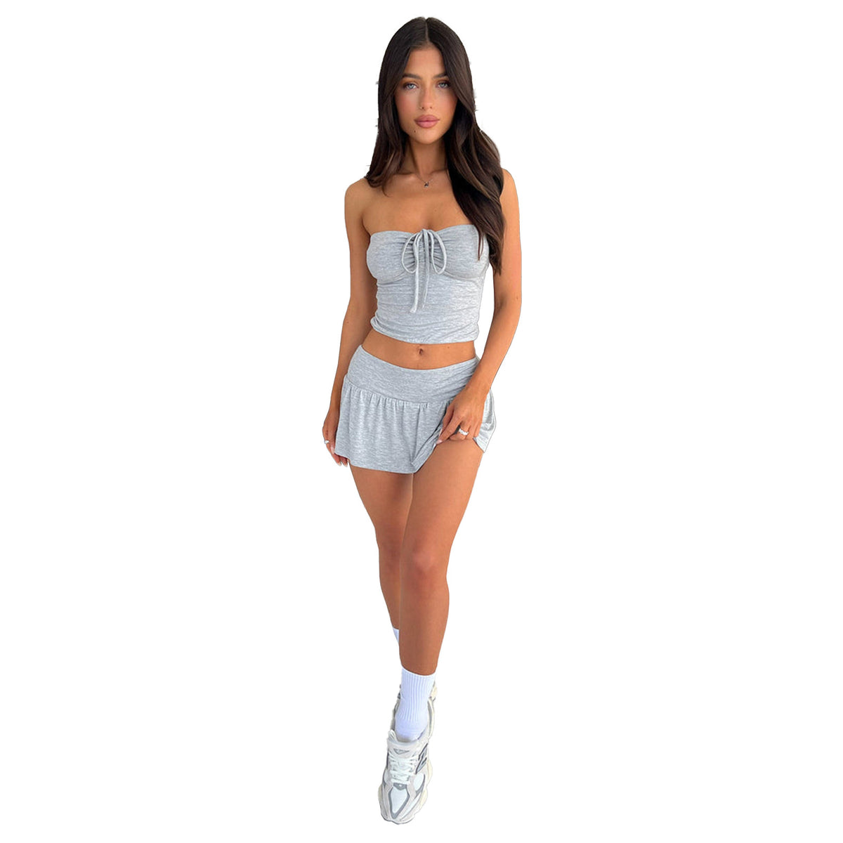 Light blue strapless ruched crop top and matching shorts set with drawstring