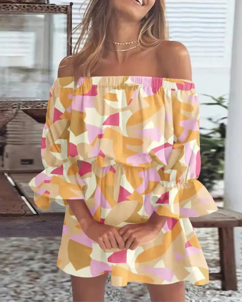 IRCA off-shoulder summer dress in yellow with pink geometric print, ruffle sleeves