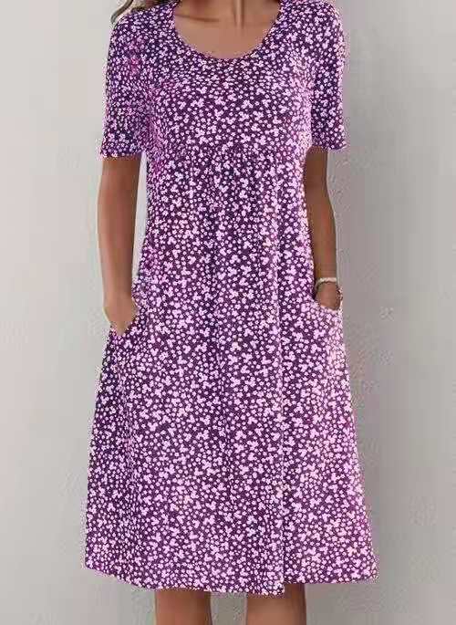 Purple floral midi dress with short sleeves and scoop neckline