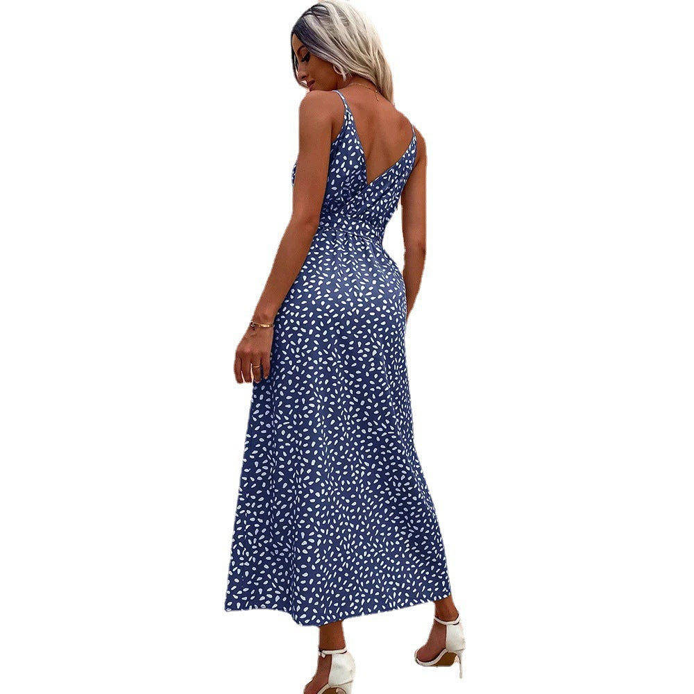 EIRINI blue patterned sleeveless maxi dress with V-neck back detail and tie waist