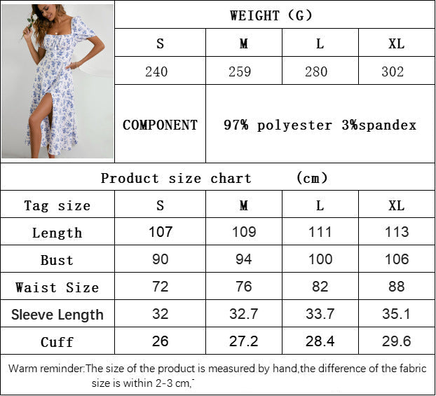 Size chart and fabric composition for sky blue floral dress; polyester and spandex.