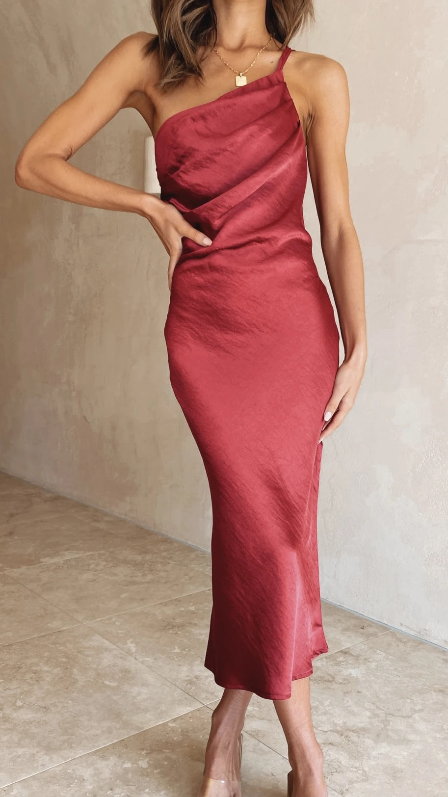 ZLATA one-shoulder midi dress in deep red, one-strap drape detail and midi length.