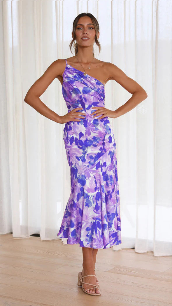 Floral one-shoulder midi dress, sleeveless, purple and blue with gathered skirt