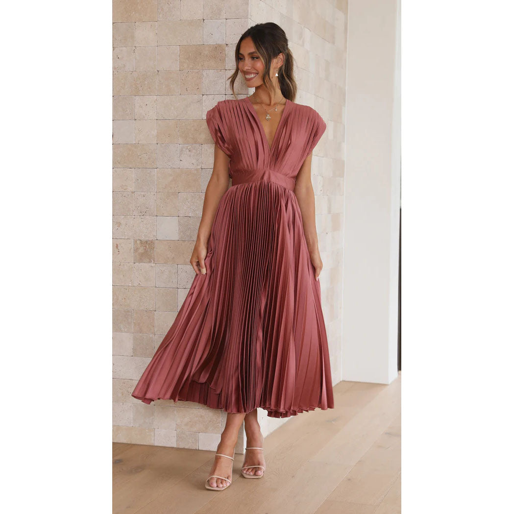 Mauve pleated maxi dress with V-neck, gathered waist, and short puff sleeves