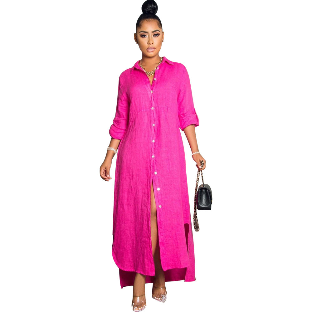 Fuchsia button-front maxi summer dress with three-quarter sleeves and side slit