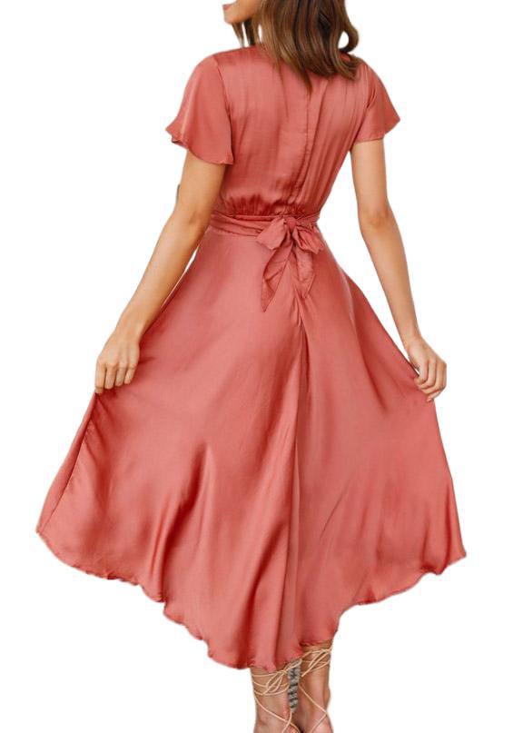 Coral V-neck summer dress with flutter sleeves and ruched waist tie, asymmetrical hem