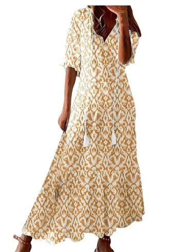 Beige boho maxi dress with short sleeves and ikat-style diamond pattern