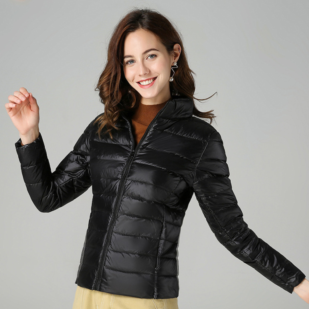Black padded spring jacket with full zipper and stand collar