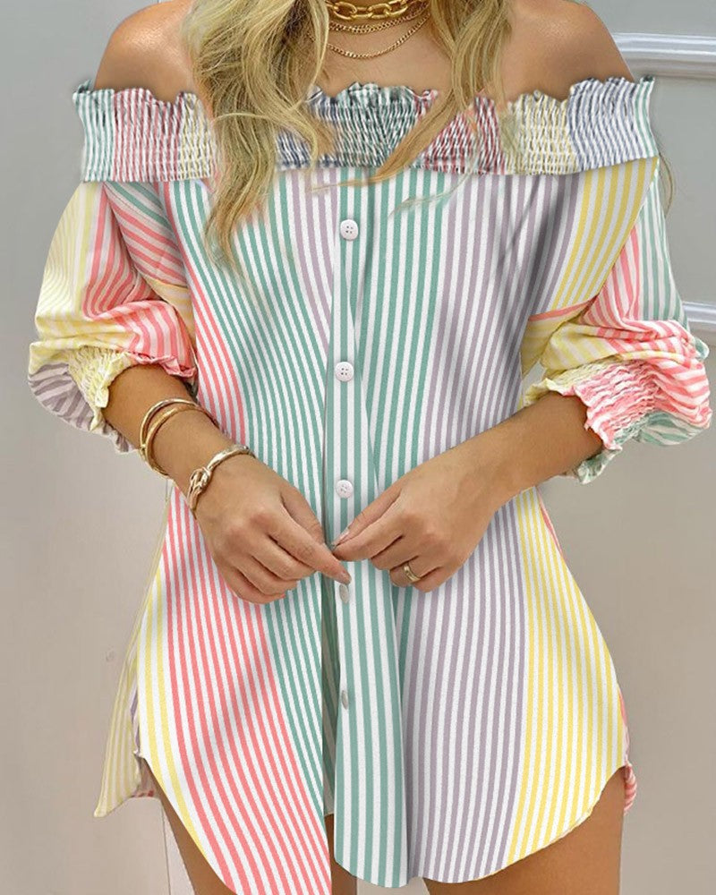 MALEA multicolor striped shirt dress with smocked off-shoulder and button front