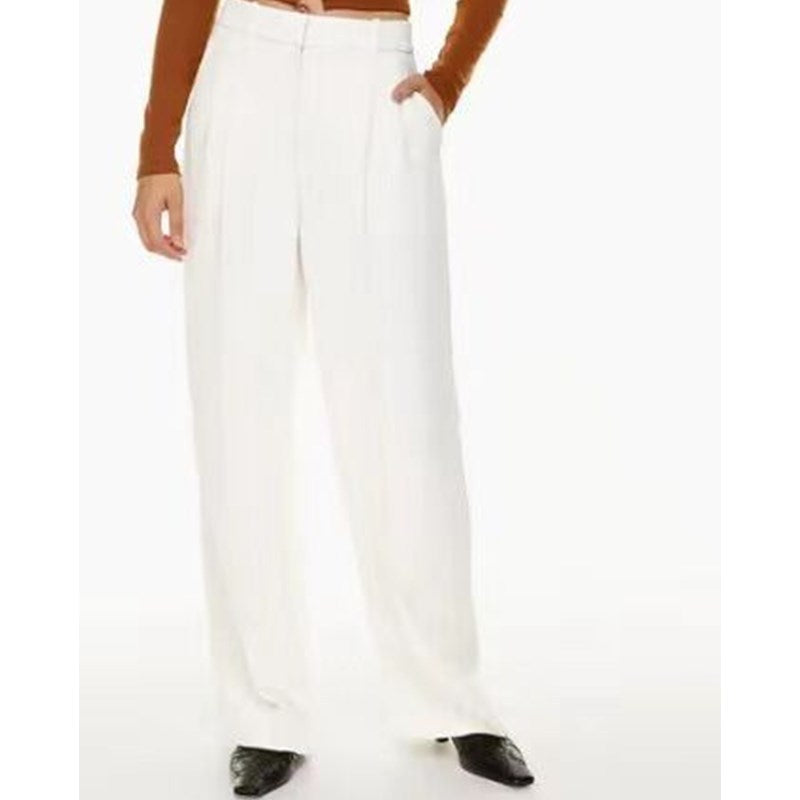 White wide-leg summer trousers with high waist and pleated front