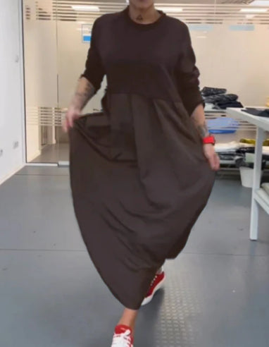 Chocolate-brown long-sleeve midi dress with cinched waist and full skirt