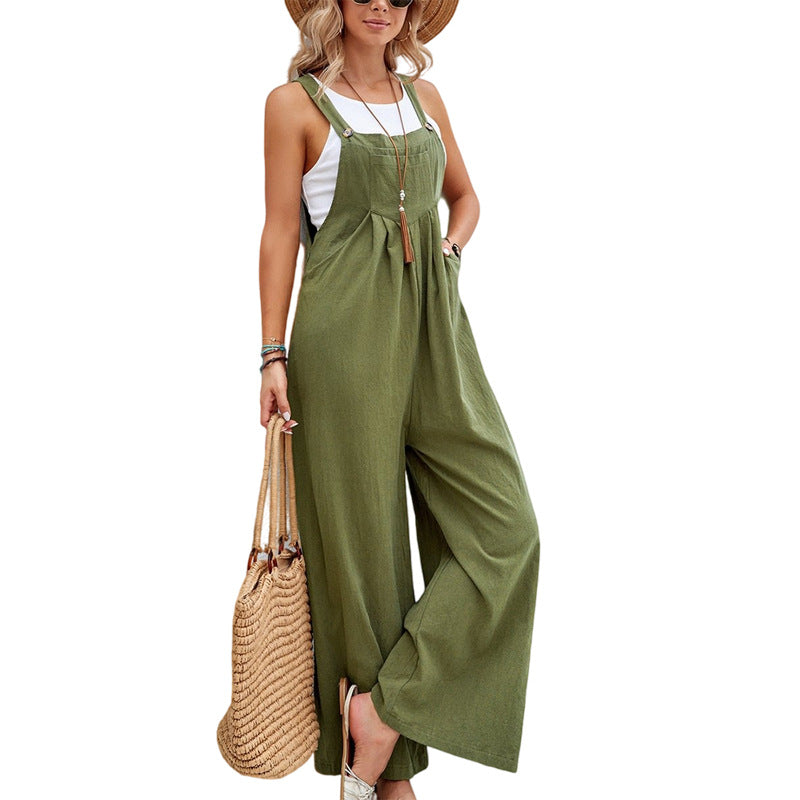 Women’s casual sleeveless jumpsuit in olive green, tie-front straps and wide-leg pants