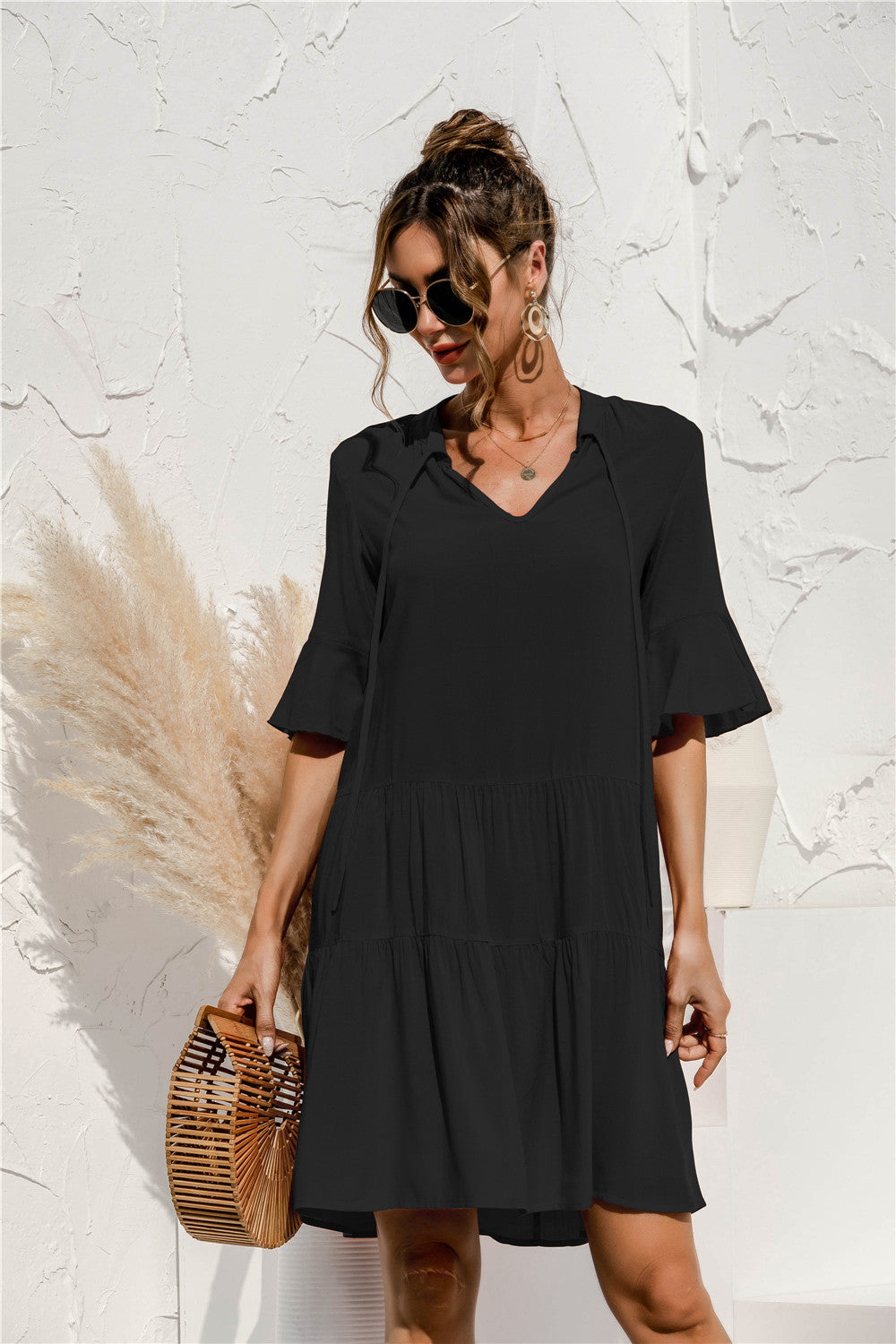 MONA summer dress in black, V-neck, short sleeves, tiered skirt