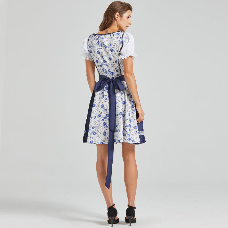 Blue and white folk dress with floral bodice, corset lacing, puff sleeves