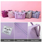 Assorted purple and pink duffel bags shown together, with front label and zipper closure.