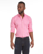 Pink stretch zip shirt with point collar, button-front, long sleeves on model