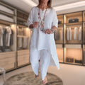 Marie™ comfortable set, white: long tunic with side slits and loose pants.
