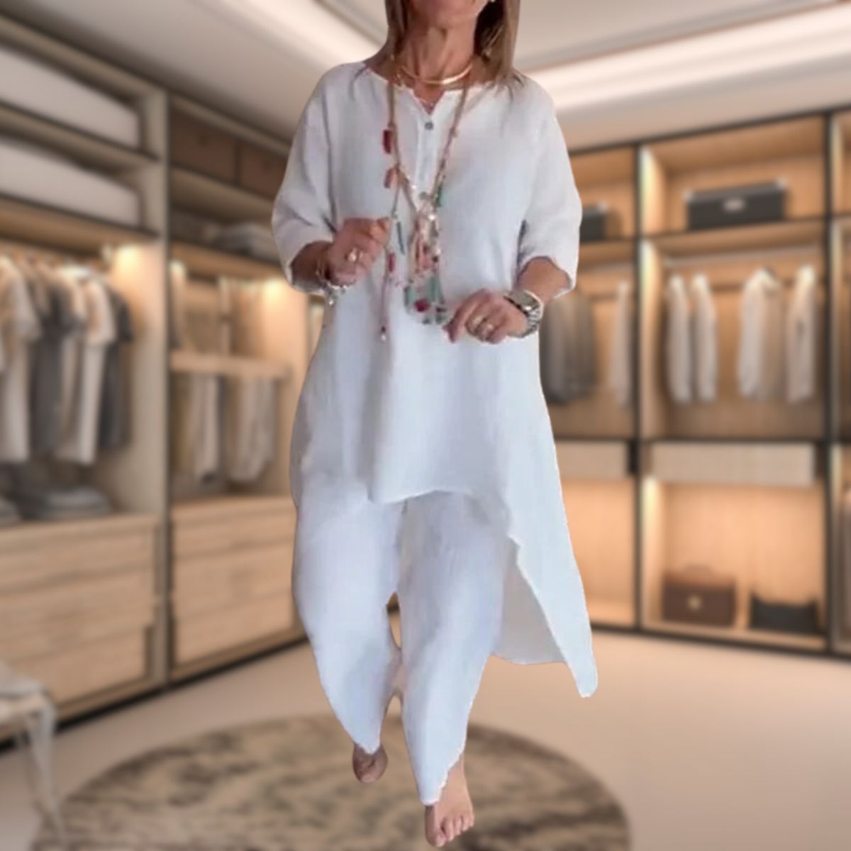 Marie™ comfortable set, white: long tunic with side slits and loose pants.
